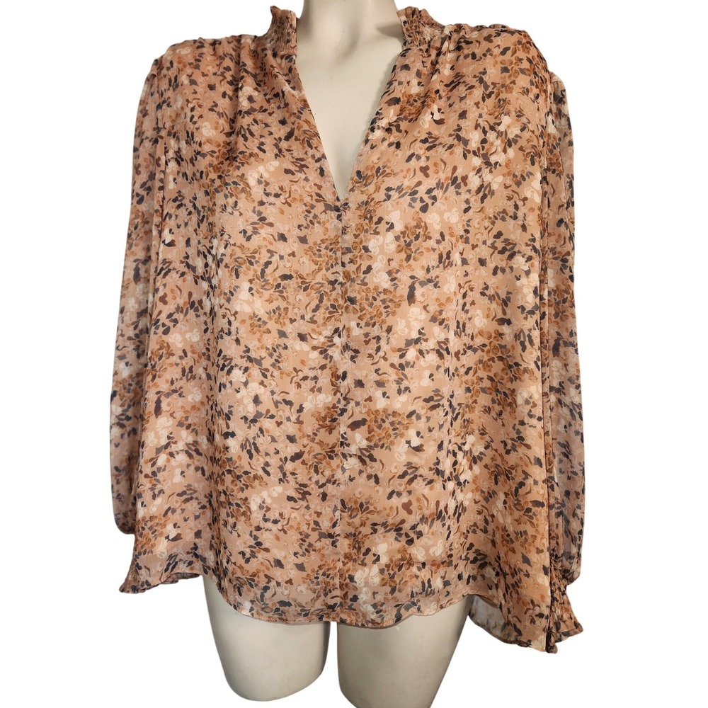 Antonio Melani Women Tan Brown Floral Smocked Neck Balloon Sleeve Blouse Large